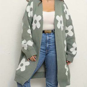 Temu Plus Size Cardigan , Women's Plus floral Pattern V- Neck